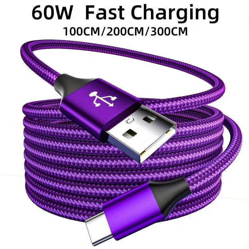 60W Fast Charging USB-C to USB-C Woven Cable | 3.0 Gen2 Type-C Male to Male, 39.37/78.74/118.11inch Length, Supports High-Speed Data Transfer And Power Transmission, Durable Cable Design for Huawei, Xiaomi, Redmi, OPPO, Oneplus And More Smartphones