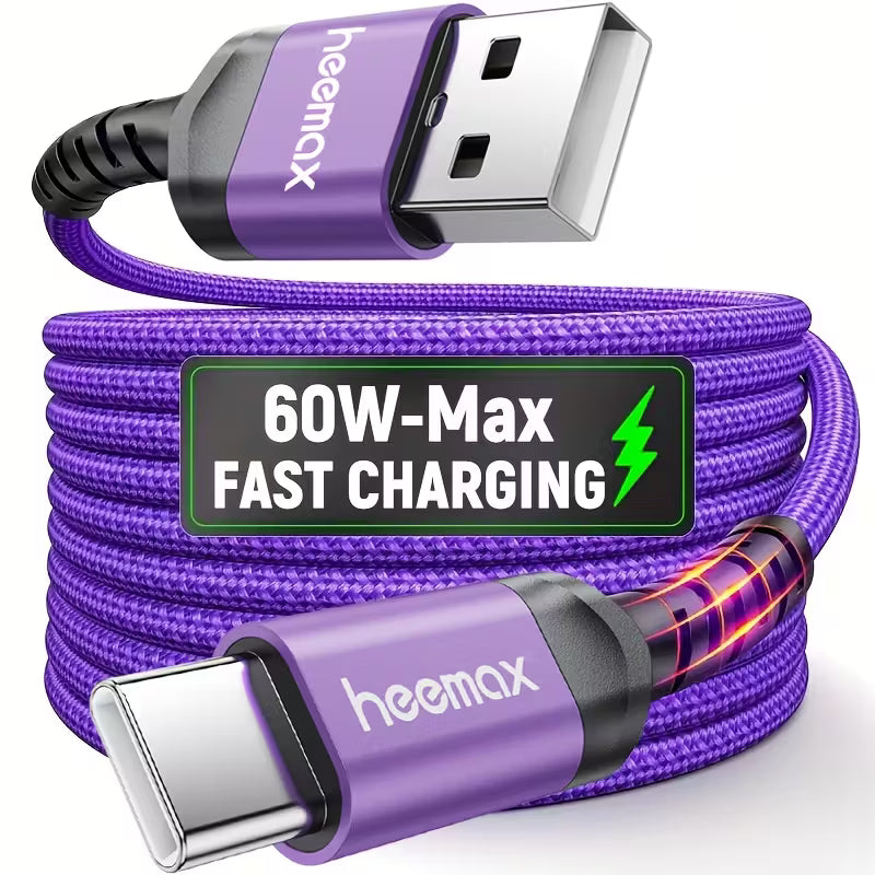 HEEMAX USB-C Fast Charging Cable, High-Quality Nylon Braided Type-C Charger Cord, Fits for All USB-C Port Devices.