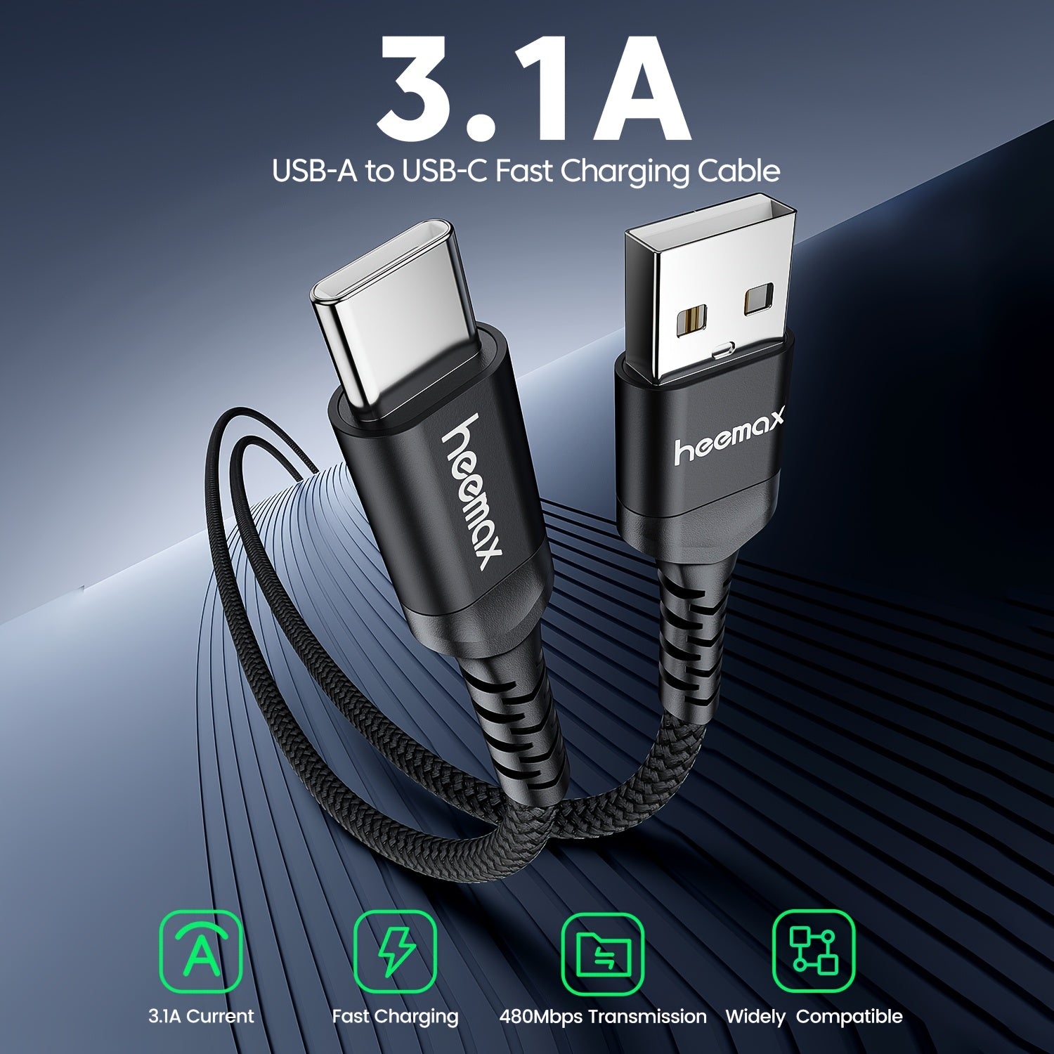 HEEMAX USB-C Fast Charging Cable, High-Quality Nylon Braided Type-C Charger Cord, Fits for All USB-C Port Devices.