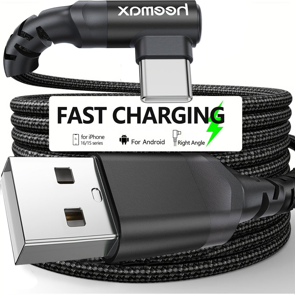 Right-Angle USB-C Charger Cable, Braided Cord Compatible with iPhone 16/15/16 Pro Max/Plus, S25/S24/S23/S22/S21/S20/S10, A55/A15, Flip, Pixel, , Moto, PS5