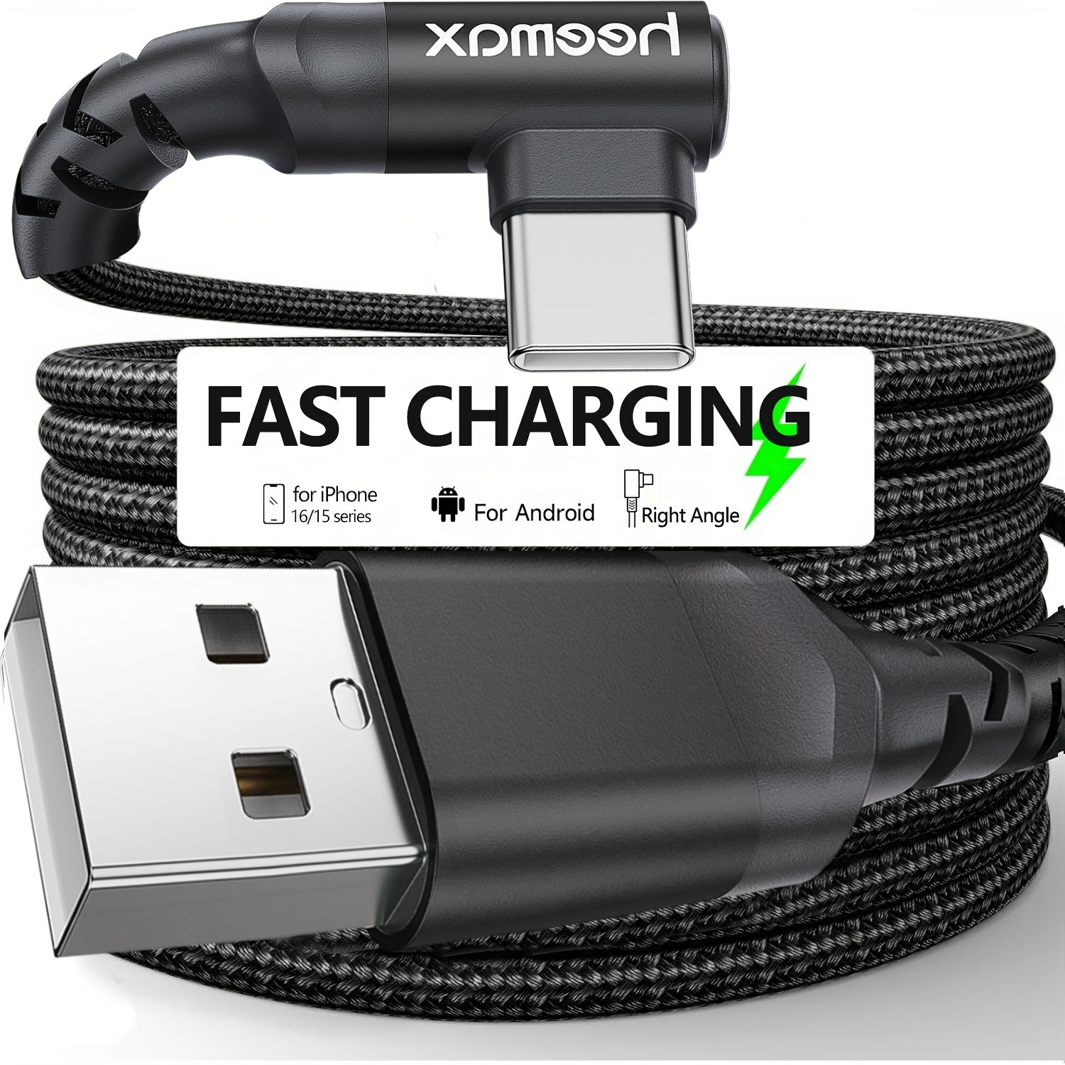 Right-Angle USB-C Charger Cable, Braided Cord Compatible with iPhone 16/15/16 Pro Max/Plus, S25/S24/S23/S22/S21/S20/S10, A55/A15, Flip, Pixel, , Moto, PS5