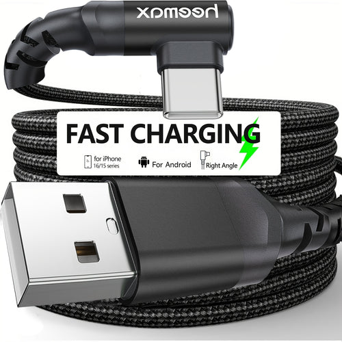 Right-Angle USB-C Charger Cable, Braided Cord Compatible with iPhone 16/15/16 Pro Max/Plus, S25/S24/S23/S22/S21/S20/S10, A55/A15, Flip, Pixel, , Moto, PS5